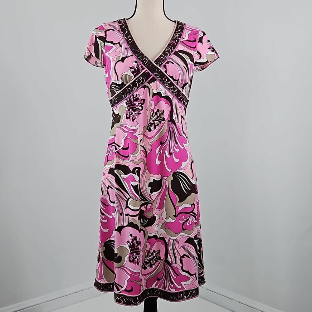 Tahari Arthur S. Levine Abstract Floral Print Pink Brown Dress‎ | Women 6 Petite